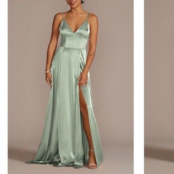Galina Signature charmeuse deep v-neck dress 10 Sage Green Satin Slit - Picture 1 of 6